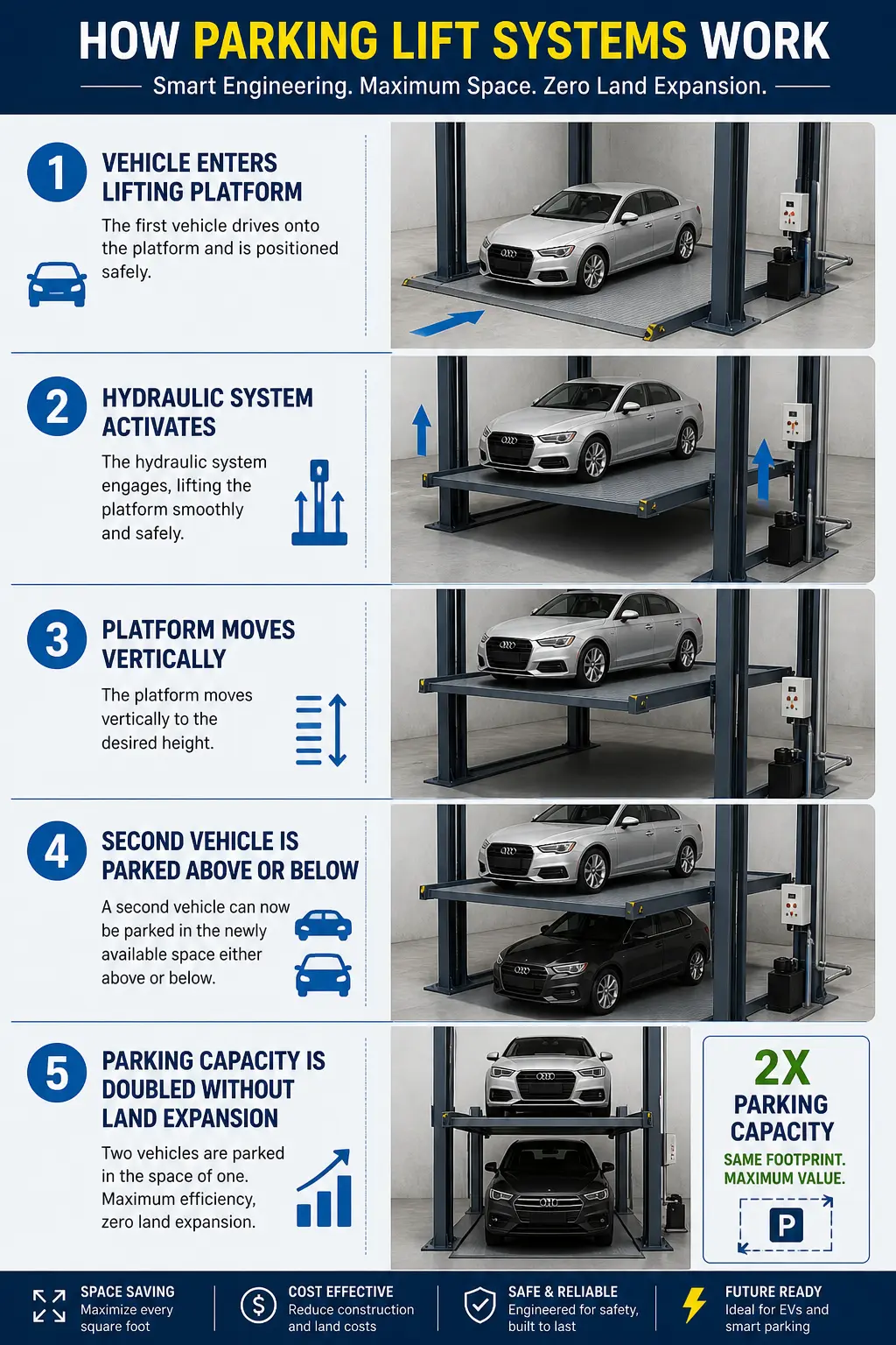 Step-by-step infographic of a car lift stacking two vehicles vertically to save space.