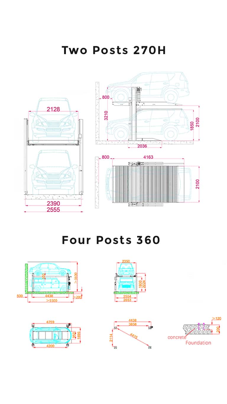 2 post lift vs 4 post lift structural difference parking lift dimensions 1 2 Post vs 4 Post Lift for Residential Garage: Complete Residential Parking Lift Comparison Guide (2026)